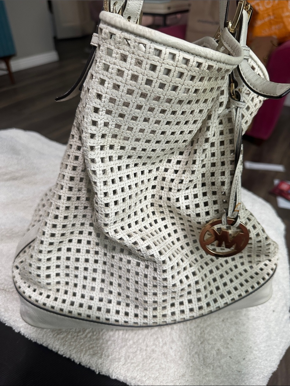 White Perforated Women's Tote with Gold Accent